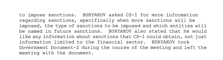 43) Three weeks later, the CS met again with Buryakov, passing him additional, purportedly classified documents regarding sanctions on Russian banks, entrapping the SVR agent into yet another documented act by FBI. https://www.justice.gov/sites/default/files/opa/press-releases/attachments/2015/01/26/buryakov-complaint.pdf