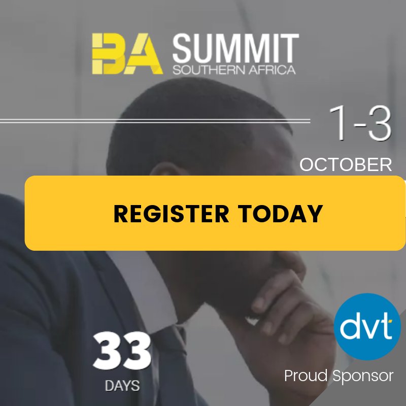 DVTSoftware's tweet photo. [EVENT] Join @Zwayi18 and Carina Fourie from @DVT_Corporate at the #BASummitSA on 1-3 October. We are a proud sponsor of the annual event. REGISTER your seat here: https://t.co/UoXhgyI9Wh 
#businessanalysis #BATips https://t.co/cWeZDB7rYv