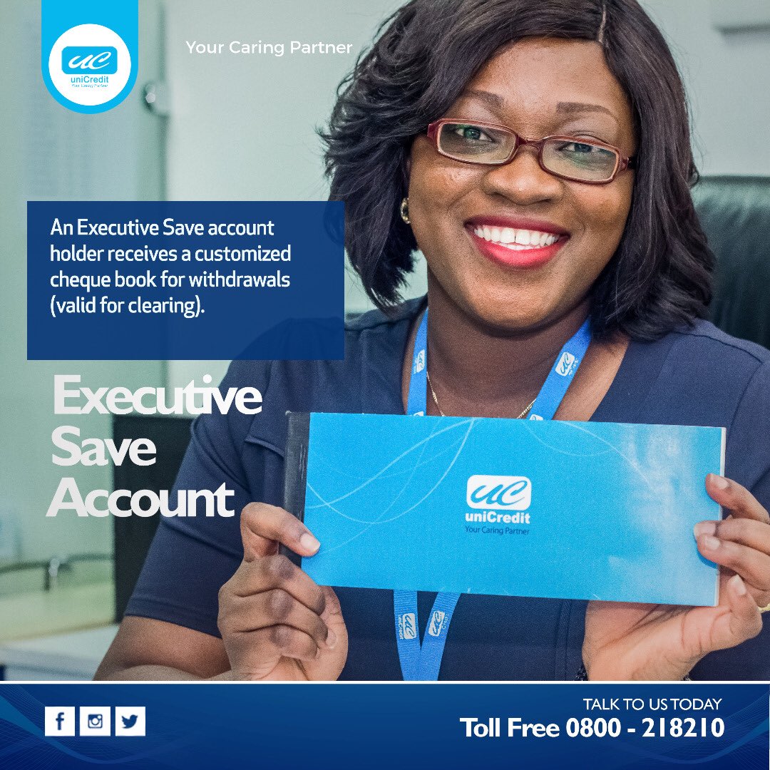 uniCreditGhana's tweet photo. An Executive Save account holder receives a customized cheque book for withdrawals (valid for clearing). https://t.co/9aMLXhFhjY