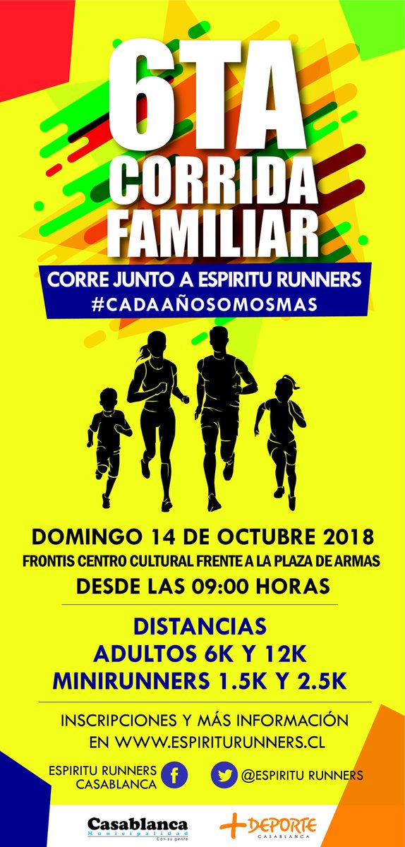 No faltes a esta linda fiesta deportiva. #6tacorrida2018 #cadaañosomosmas Corre junto a <a href="/EspirituRunners/">Espiritu Runners</a>. Los esperamos <a href="/Municasablanca/">Municipalidad de Casablanca</a> @DiarioElEspejo