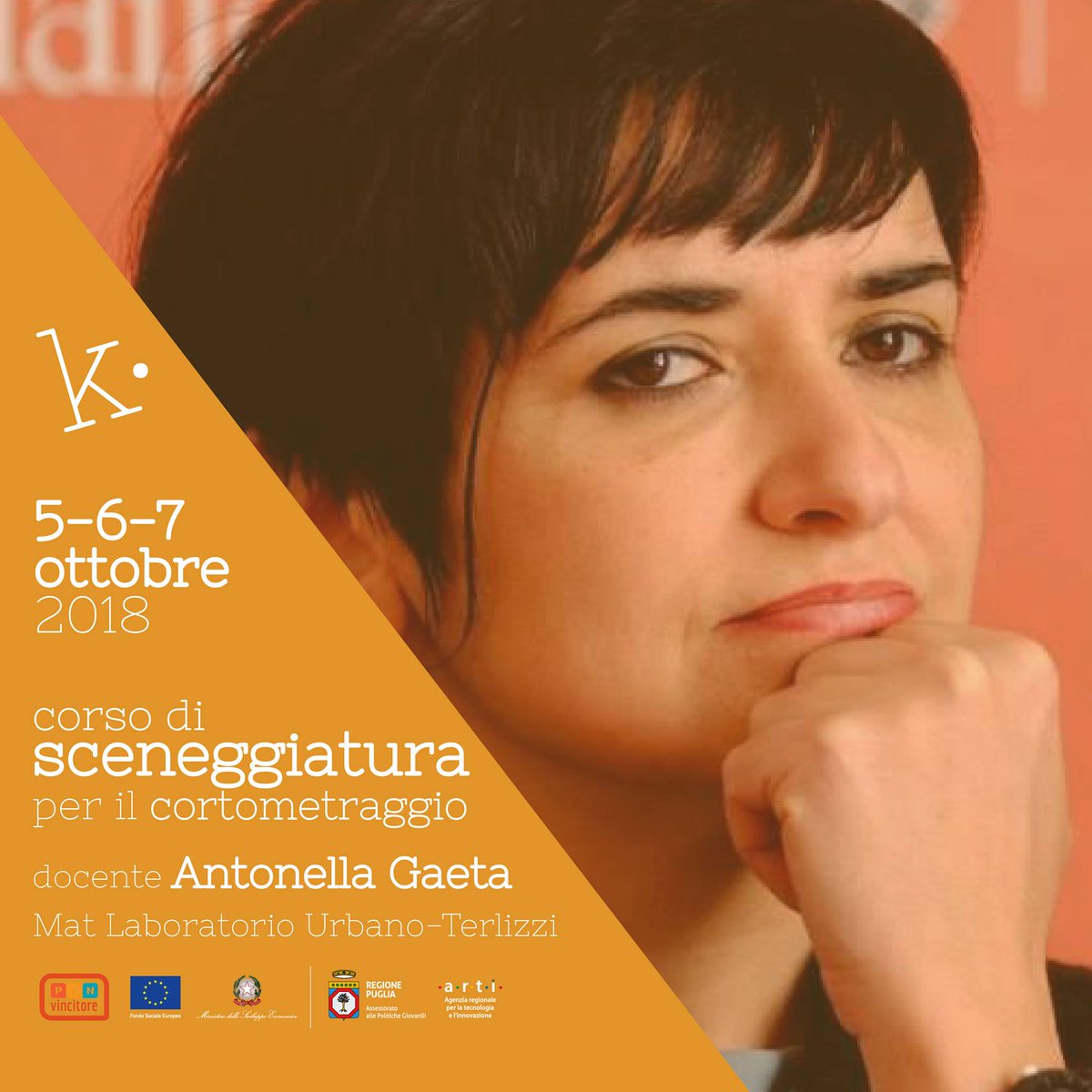 CreativeKaufman's tweet photo. Iscrizioni aperte per il corso di sceneggiatura per il #cortometraggio condotto da #antonellagaeta al #mat #laboratoriourbano. 

Info su: https://t.co/FtUICQ4oKF

#kaufmanscritturecreative #formazione #scrivere #cortometraggio #sceneggiatura #pingiovani #Puglia https://t.co/ciaa9tjXWI