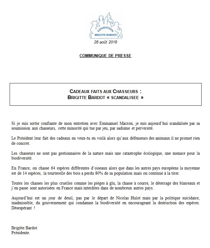 brigitte_bardot's tweet image. Emmanuel Macron : je suis aujourd’hui scandalisée par sa soumission aux chasseurs
