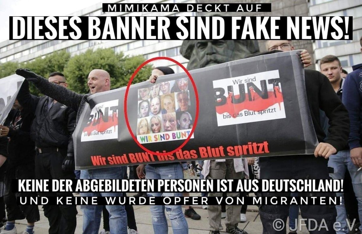 Nazis machen Stimmung mit Fake News! Abgesehen vom verbotenen Hitlergruß: Die abgebildeten Personen auf dem Banner sind alles keine Deutsche und alles keine Opfer von Migranten, wie @ZDDK_ aufdeckt: mimikama.at/allgemein/mome…

Danke an <a href="/JFDA_eV/">Jüdisches Forum (JFDA e.V.)</a> für das Bild! #Chemitz #c2708 #Sachsen