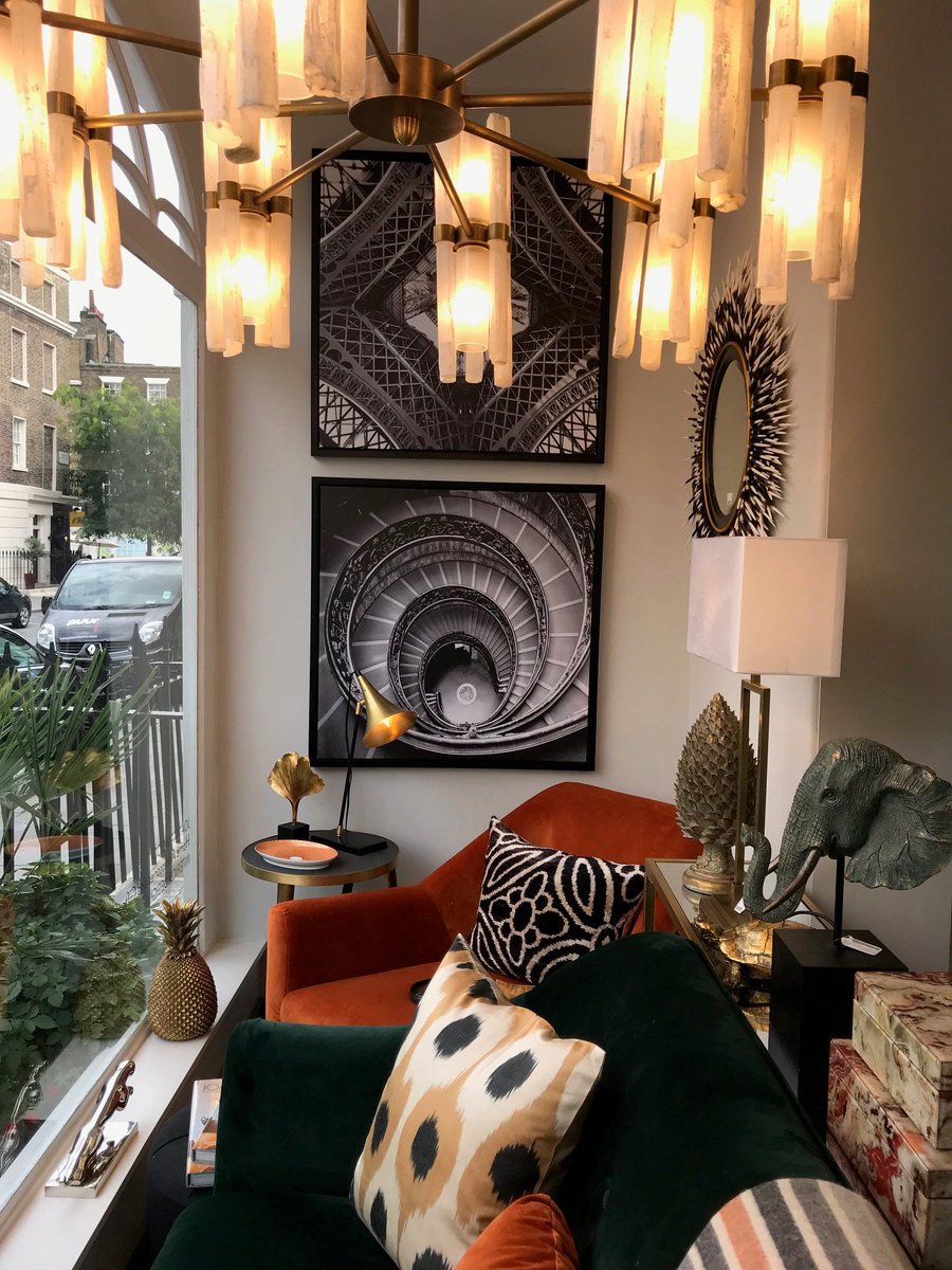 Sneak peak at our new #Autumn shop window, combining burnt oranges, rich forest greens and coppers. The scheme is held together by a statement chandelier from Cocovara Lighting #Autumniscoming #shopwindow #newdisplay