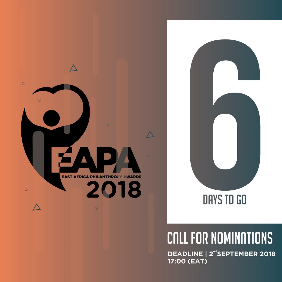 EAPhilanthropy's tweet photo. Only 6 Days to go! NOMINATE that individual/ Organization that has made outstanding contribution to the growth of Philanthropy in East Africa for the East Africa  Philanthropy Awards 2018 #EAPA2018 here https://t.co/nIQ6VcYulk  @Afrilanthropist @AVAfricanVoices @CSI_EA https://t.co/MHPHecqY4I