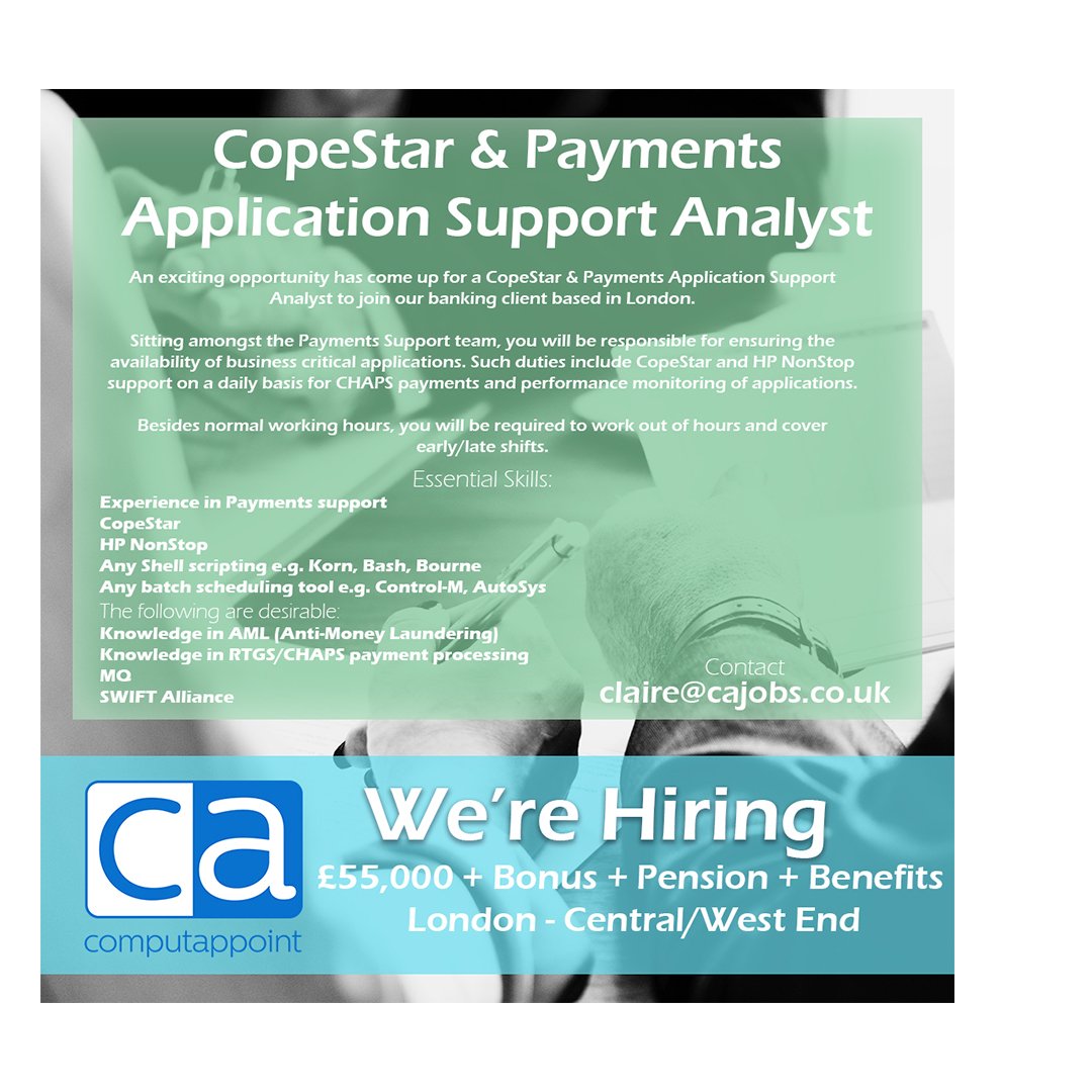 cajobsuk's tweet photo. We have an exciting oppurtunity for a CopeStar & Payments Application Support Analyst Permanent - GBP 55,000 - London - Central/West End
Apply here - https://t.co/5sRYIIuupX
#londonjobs #londontechjobs #itjobs #computappoint #cajobs #analyst #analystjobs #itrecruitment https://t.co/bbarL6eCq8