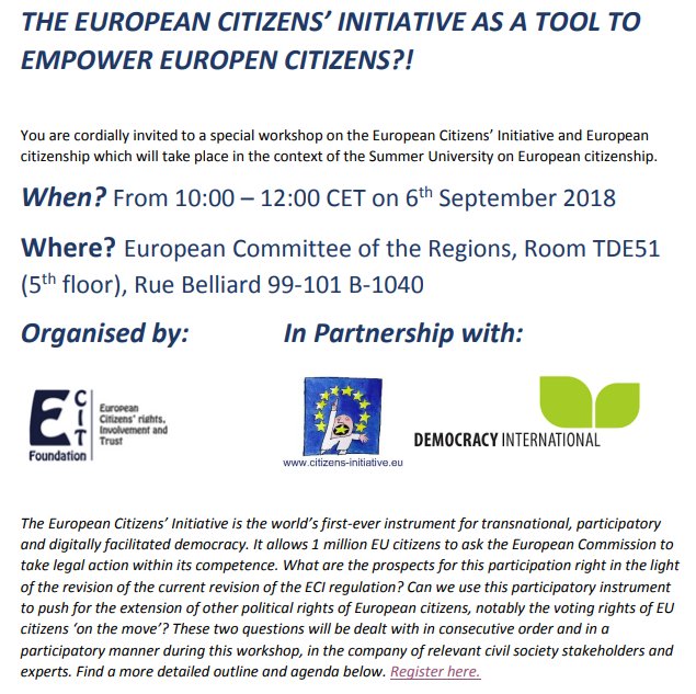 ECIReform's tweet photo. π
π Join us for a workshop on the #ECI and its reform, our #EPForgetUsNot campaign and plans for an ECI on universal European suffrage on 6 September at the @EU_CoR! More info π https://t.co/RVSCoLXEwn Register now πΒ https://t.co/tSbS4KDlCN https://t.co/kKmpfffMcZ