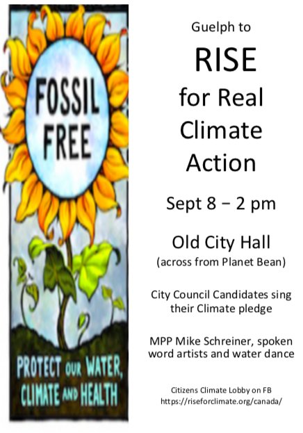 SteveDyck's tweet photo. Do you support REAL #Guelph Climate Action?  Thank you to @DanGibsonCllr @Rigo_in_Guelph @akmlynarz @Dodge_Ward3 for your responses.  Guelph has made great commitments - we are building support for REAL action - Sept 8 Global RISE. @emergeguelph @wwaterwatchers @leannepiper https://t.co/IOSs29nCO8