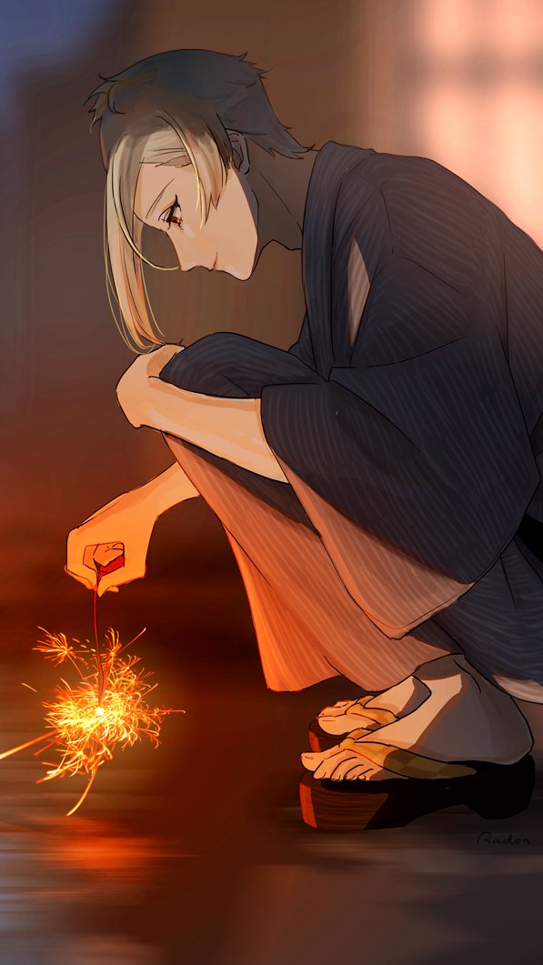 fireworks sparkler 1boy male focus japanese clothes solo squatting  illustration images