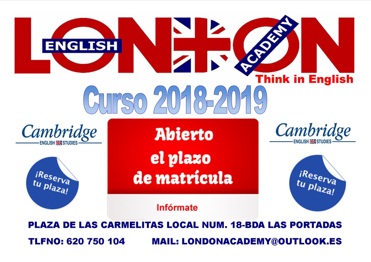 LondonAcd's tweet photo. Período Matriculación Curso 2018-2019
Desde el lunes 3 de septiembre en horario de tarde nos puedes encontrar en la academia , dónde resolveremos todas tus dudas para iniciar el nuevo curso. https://t.co/Llk69kDShT