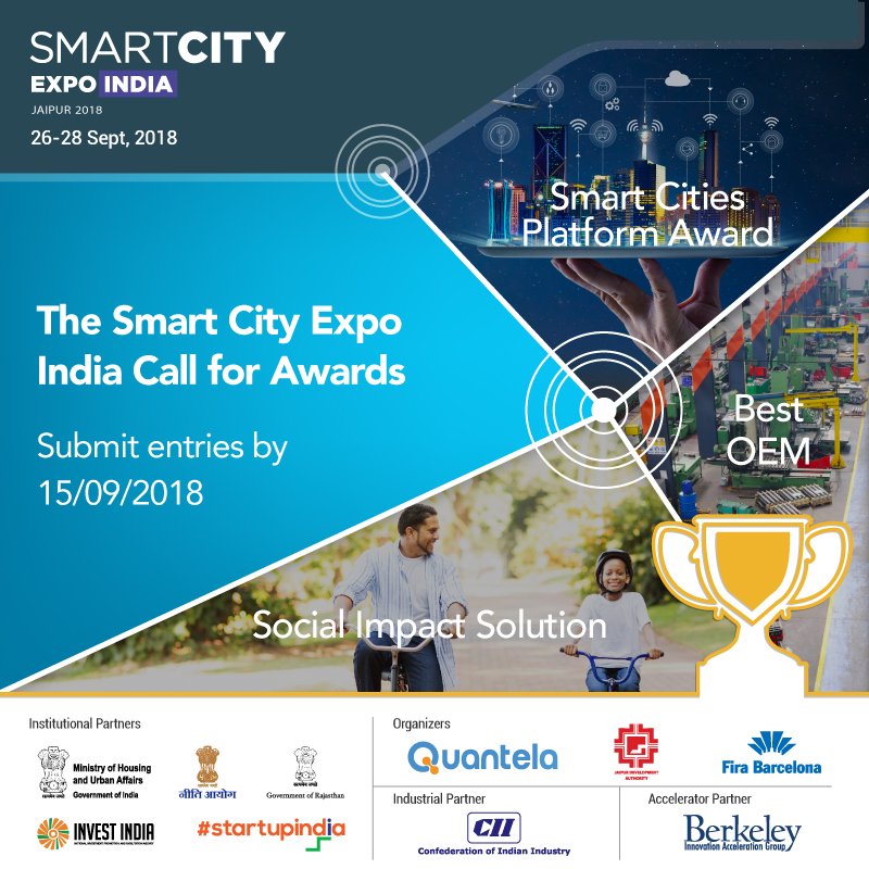smartcityexpoin's tweet photo. Have you made an innovation worthy of the #SmartCityExpoIndia Awards? These are but a few of the categories you can apply under. You can find the full list of the award categories at https://t.co/X6FSzdT0Bp. 
Final submission date is 15-09-2018. #SmartCities #MakingItHappen https://t.co/c1Rn7SqoUk