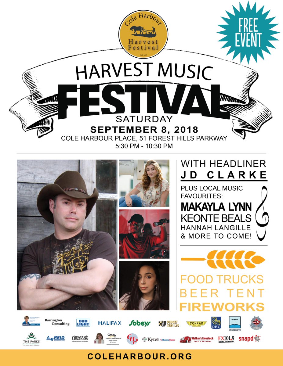 Check out the Harvest Music Festival on Sept 8th, featuring headliner <a href="/jdclarkemusic/">JD Clarke</a>, along with <a href="/musicalmakayla/">Makayla Lynn</a>, Keonte Beals, and <a href="/hylangille_/">Hannah Langille</a>! #CHHarvestFest #HfxEvents #Community #ColeHarbour