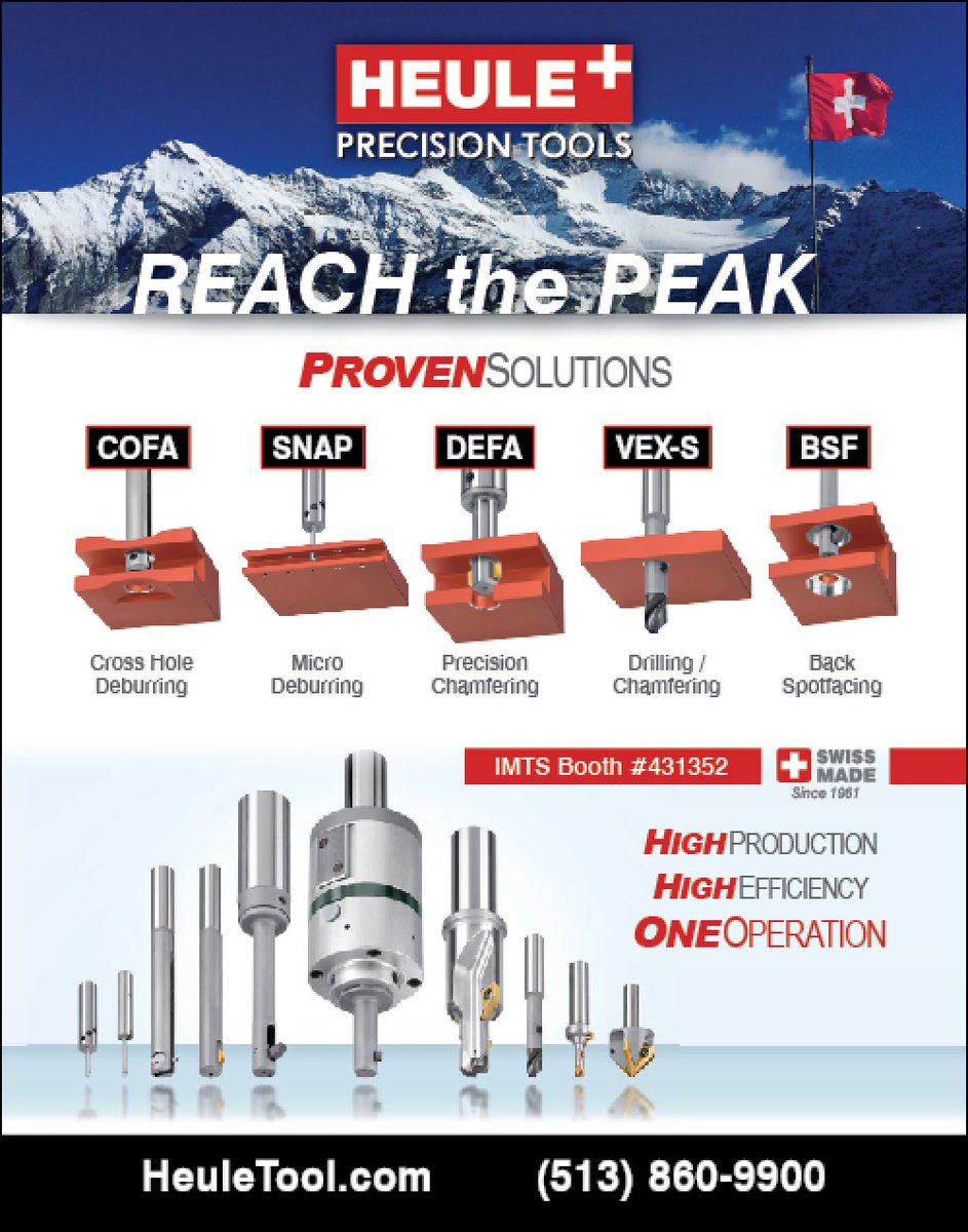 HeuleTools's tweet photo. Visit us at #IMTS2018 Booth #431352 and find out how we're helping #manufacturers reach peak #production with our #automated #tool solutions for #deburring, #chamfering #spotfacing, and #countersinking. Friendly people, giveaways, tool displays, and more! See you in Chicago! https://t.co/uRoDDvb6PT
