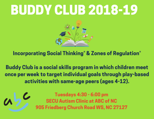 ABC of NC’s Buddy Club, a low-intensity social skills program for children ages 4 to 12, is accepting applicants for the new school year! Visit abcofnc.org/services/socia… and register for the 2018-19 sessions!