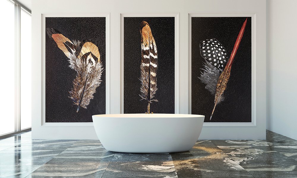 NewRavennaUSA's tweet photo. What takes 31 days, 18 colors of jewel glass, 8 different grouts and 3 master mosaicists? The Plume #mosaic triptych from #NewRavenna! You have to see them to believe them: https://t.co/9vTisCWuzi #handmade #custom #mosaic #nature #art https://t.co/vStEy6ee6B