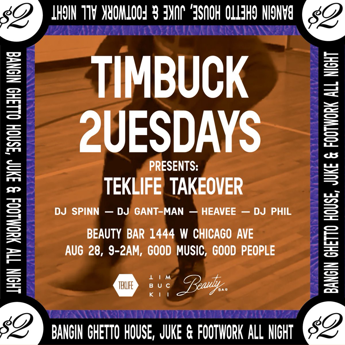 DJ_Spinn's tweet photo. TONIGHT!!! @tfj_foundation presents @timbuck2uesdays “Teklife Takeover” with me @djgantman @heavee_teklife @philteklife Tuesday the 28th!!! $2 All Night, Ghetto House, Juke & Footworker All Night!!! #timbuck2uesdays #teklife #beautybarchicago #riptimbuck2 #riprashad https://t.co/UerxbNLirV