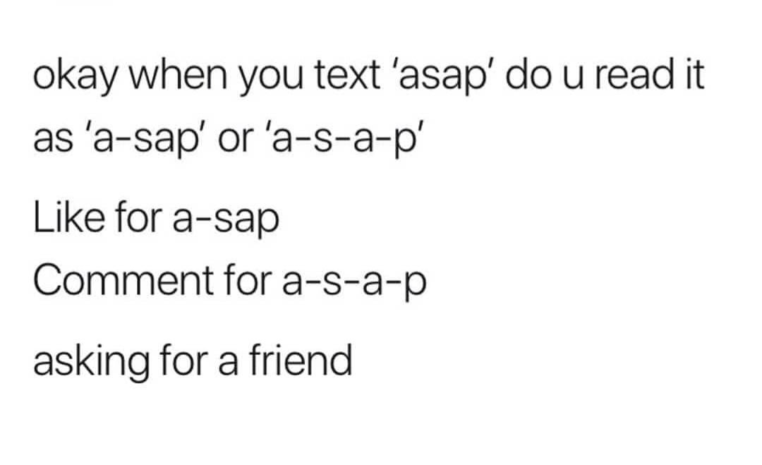 KetoChamp's tweet photo. My friend needs to know ASAP!

Retweet for a-sap
Reply for a-s-a-p

#AskingForAFriend #ASAP #TuesdayThoughts #JustForFun https://t.co/VcT024vsyR