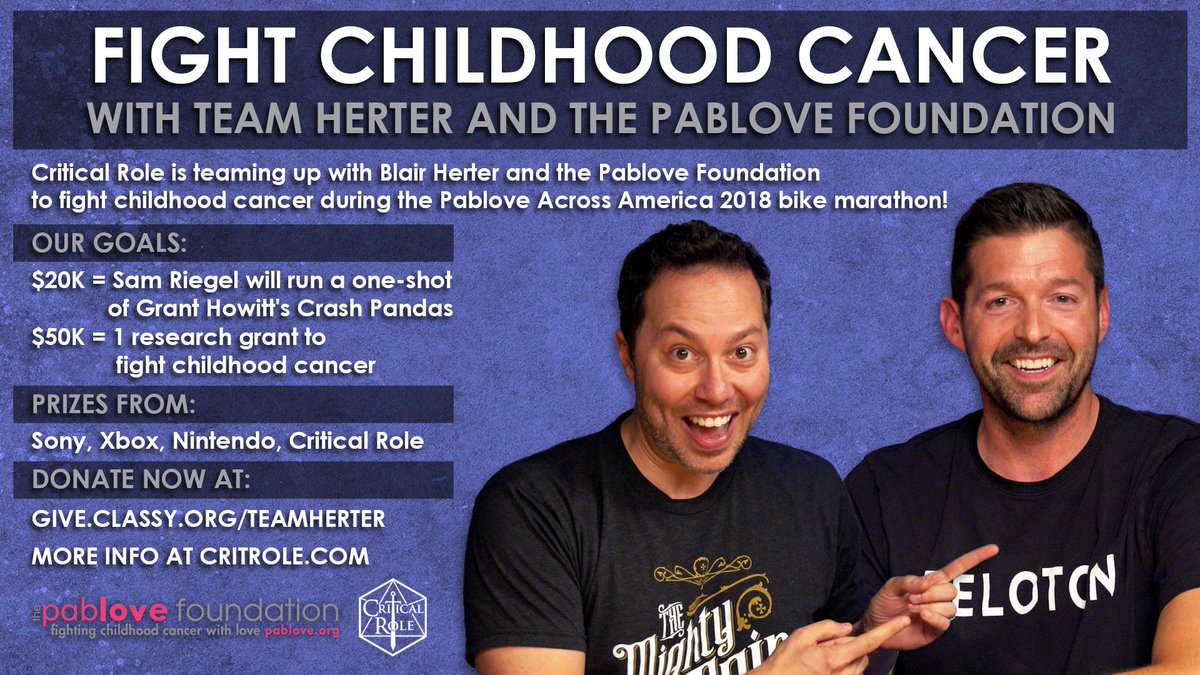 CriticalRole's tweet image. Calling all #Critters! Help fight childhood cancer with @blairherter &amp;amp; @Pablove during the #PabloveAcrossAmerica 2018 bike marathon. Your donations support pediatric cancer research (&amp;amp; can win you some sweet prizes)!

INFO: critrole.com/pablove-fundra…
DONATE: give.classy.org/TeamHerter