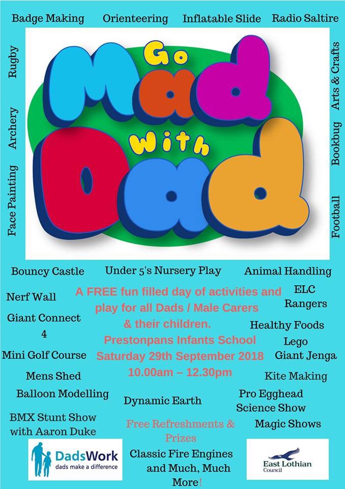 DadsWork SCIO (@dadswork) on Twitter photo Go Mad with Dad 2018
A FREE fun filled morning of activities for dads/male carers and their children
Sat 29th Sept <a href="/WeePans/">Preston Tower Primary school</a> 10.00 - 12.30pm @sheils27 <a href="/alijdevine/">Alison Cameron</a> <a href="/HSEastLothian/">HS East Lothian</a> <a href="/PSGLunchclub/">PSG Lunch Club</a> <a href="/PrestonpansSftS/">PrestonpansAreaSftS</a> <a href="/SupportfrmStart/">SupportFromTheStart</a> @DadsRockEdin <a href="/timstoryteller/">Tim Porteus</a> <a href="/STRiVEWellbeing/">STRiVE Wellbeing</a> Go Mad with Dad 2018
A FREE fun filled morning of activities for dads/male carers and their children
Sat 29th Sept <a href="/WeePans/">Preston Tower Primary school</a> 10.00 - 12.30pm @sheils27 <a href="/alijdevine/">Alison Cameron</a> <a href="/HSEastLothian/">HS East Lothian</a> <a href="/PSGLunchclub/">PSG Lunch Club</a> <a href="/PrestonpansSftS/">PrestonpansAreaSftS</a> <a href="/SupportfrmStart/">SupportFromTheStart</a> @DadsRockEdin <a href="/timstoryteller/">Tim Porteus</a> <a href="/STRiVEWellbeing/">STRiVE Wellbeing</a>