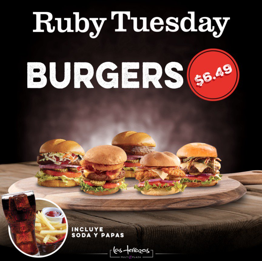 RubyTuesdaySV's tweet photo. 📣📣Burger de media libra 🍔+ papas fritas 🍟+ Soda por $6.49!!
#PROMO que no te podes perder hoy martes desde las 11:00 am hasta el cierre https://t.co/5jGtPVEJBv