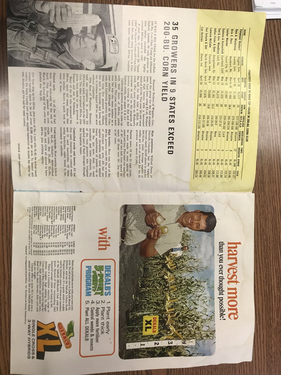 Ascho_Agronomy's tweet photo. Made a pretty awesome find yesterday.  1968 crop management magazine. $1.00 corn and 35 grows in 9 states exceed 200 bu/ac. A lot has changed since then, with the exception being Dekalb corn is still my highest yielding corn. @DKAS_SD @CHS_NP https://t.co/6GxsGW9OJU