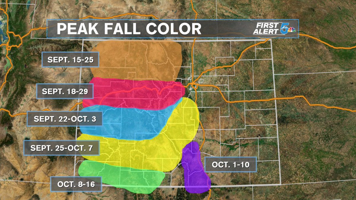 SamASchreier's tweet photo. Drought has stressed the trees across the southern 1/3 of Colorado and that's where we're going to start seeing the Fall colors change first. Here's an estimation of the peak times for this year compared to normal (normal has more colors) https://t.co/eg0zrusjF3
