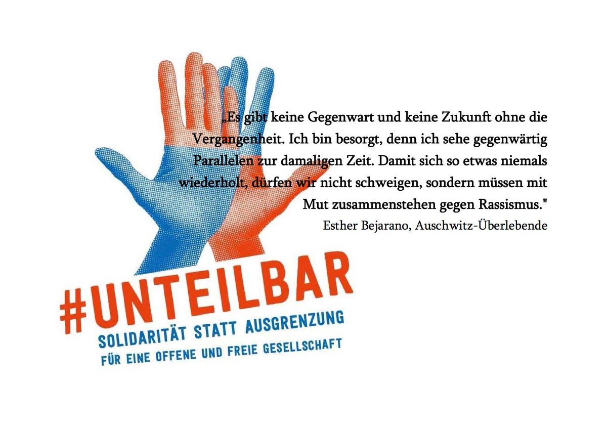 Unteilbar_'s tweet photo. Esther Bejarano, Auschwitz-Überlebende: keine Gegenwart und keine Zukunft ohne die Vergangenheit. (…) Damit sich so etwas niemals wiederholt, dürfen wir nicht schweigen, sondern müssen mit Mut zusammenstehen gegen Rassismus. #unteilbar https://t.co/uPeL0KLVo5