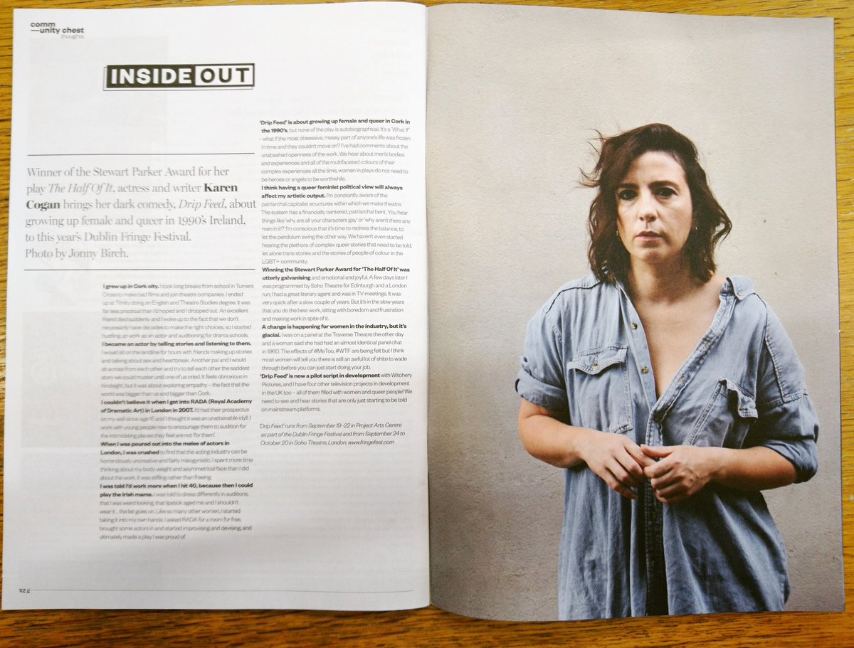 Fishamble's tweet photo. We're delighted to see @KarenMCogan, writer and performer of #DripFeed, feature in @GCNmag this month! This co-production between @sohotheatre and Fishamble, directed by @oonaghmurphy, made waves at @edfringe and will transfer to @dublinfringefest at @projectartscentre 19-22 Sept https://t.co/n7NY4ZGpv0