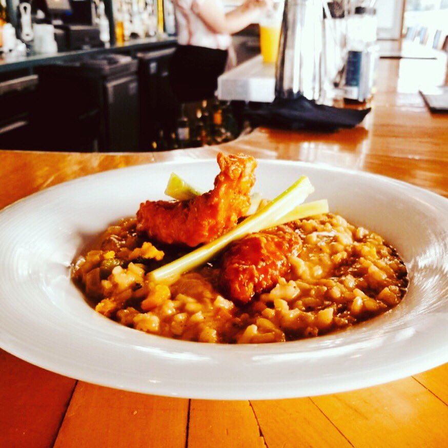 This lunch special is the best dish in #OKC today! We have no evidence to support this claim except a happy smile, a stained shirt, and a full belly. Buffalo Chicken Risotto!