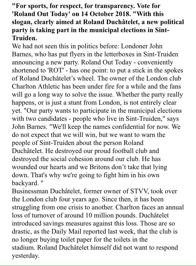 RolandOutToday's tweet photo. So we made it into the Belgium press this weekend. 
And a certain owner of #cafc isn't happy. 
Oh dear. 
Now he knows how it feels. #RolandOut #incompetentownerduchatelet https://t.co/lQsGo9TUpx