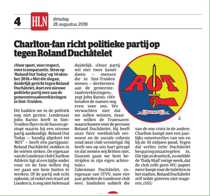 RolandOutToday's tweet photo. So we made it into the Belgium press this weekend. 
And a certain owner of #cafc isn't happy. 
Oh dear. 
Now he knows how it feels. #RolandOut #incompetentownerduchatelet https://t.co/lQsGo9TUpx