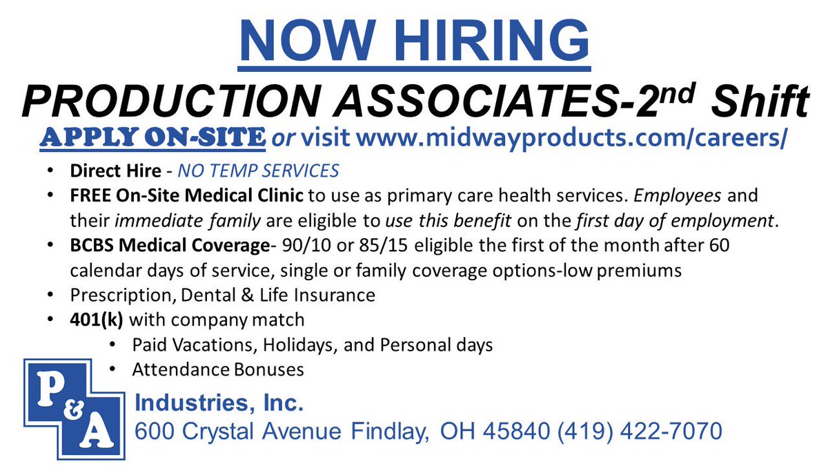 MidwayProducts's tweet photo. @Social_Findlay Our subsidiary, P&amp;A Industries, Inc., located in #Findlay #Ohio is #hiring  second shift #Production associates‼️#applytoday #applynow at https://t.co/zpFyqvui0M https://t.co/p2O6K4kTrT