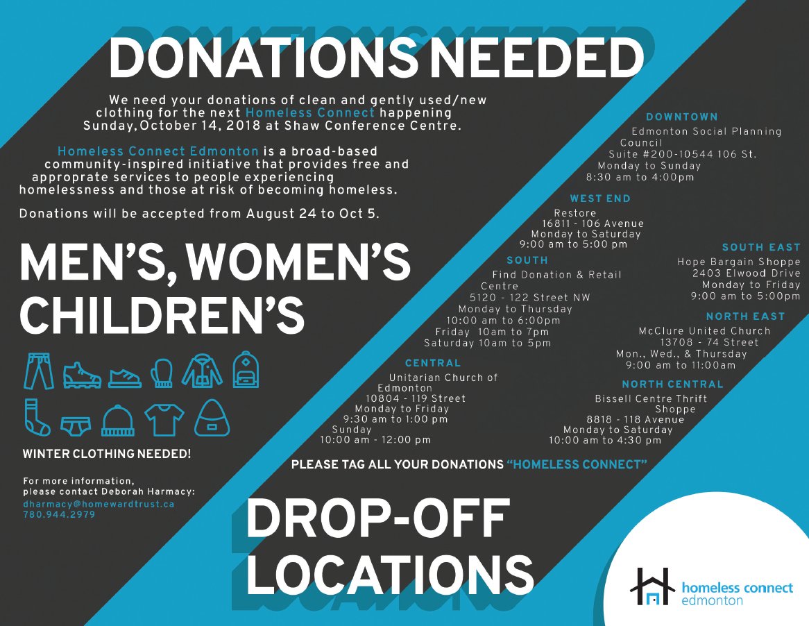Homeless Connect Edmonton is looking for donations for their upcoming event that will take place at the Shaw Conference Centre on October 14th. Drop off your gently loved clothing items to any of the locations listed & help make a difference in #YEG. #HomelessConnect