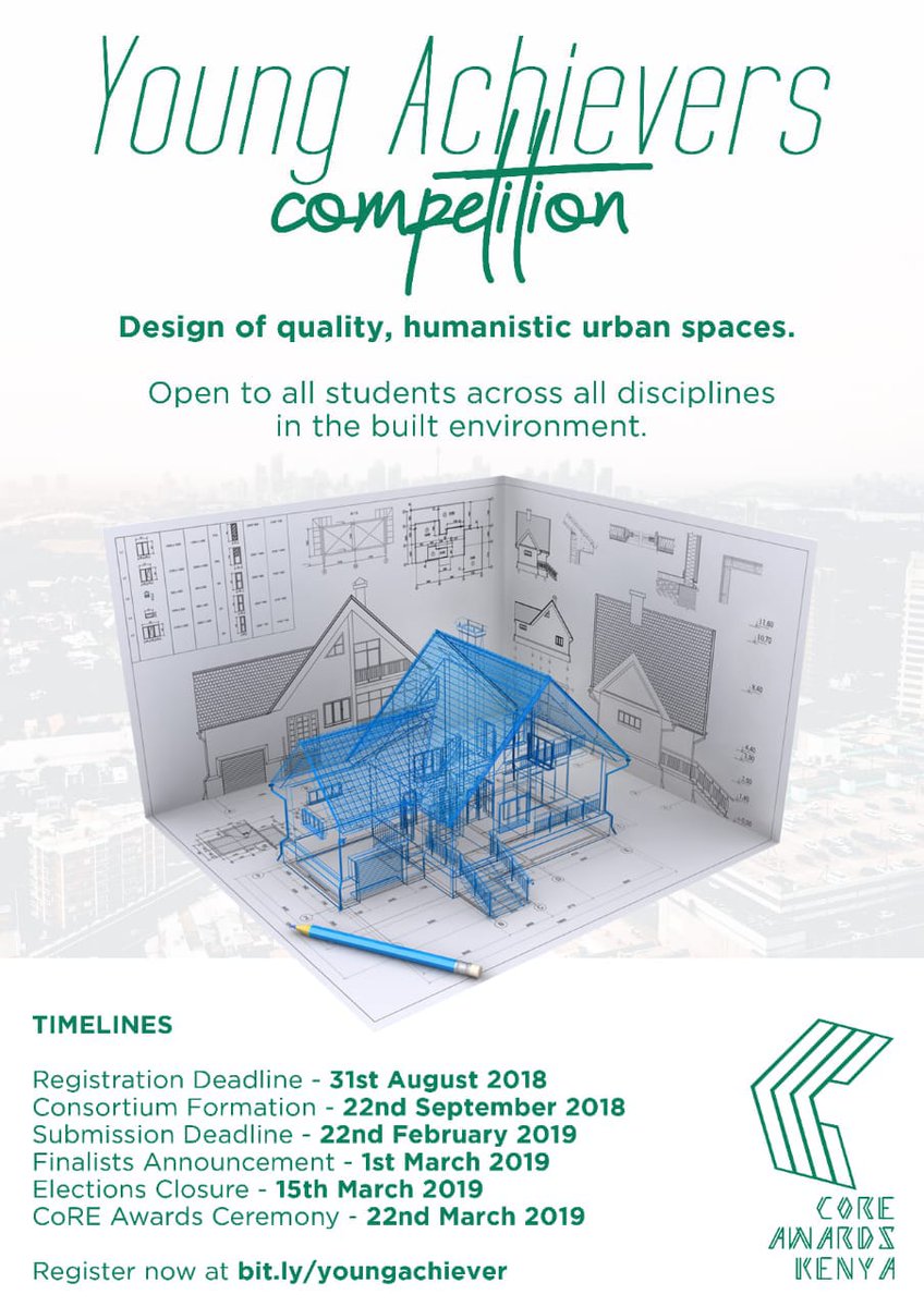 andrew_ondimu's tweet photo. Are you passionate about sustainability, innovation and excellence in the built environment?
Register for CoRE Awards Young Achievers' Competition - https://t.co/UfpZAt5zek
Deadline 31st August 2018
#YAcompetitionKE
#DesignspacesKE
#UrbanspacesKE https://t.co/ALREDJaBGD