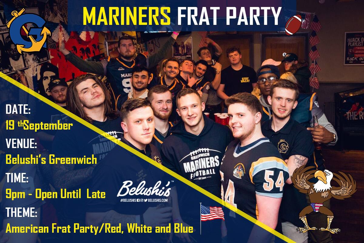 Looking for a good night out during #freshers? Come along to our Red, White and Blue Frat party at <a href="/BelushisGren/">Greenwich Belushi's</a> 🏈🏈🎉🎉