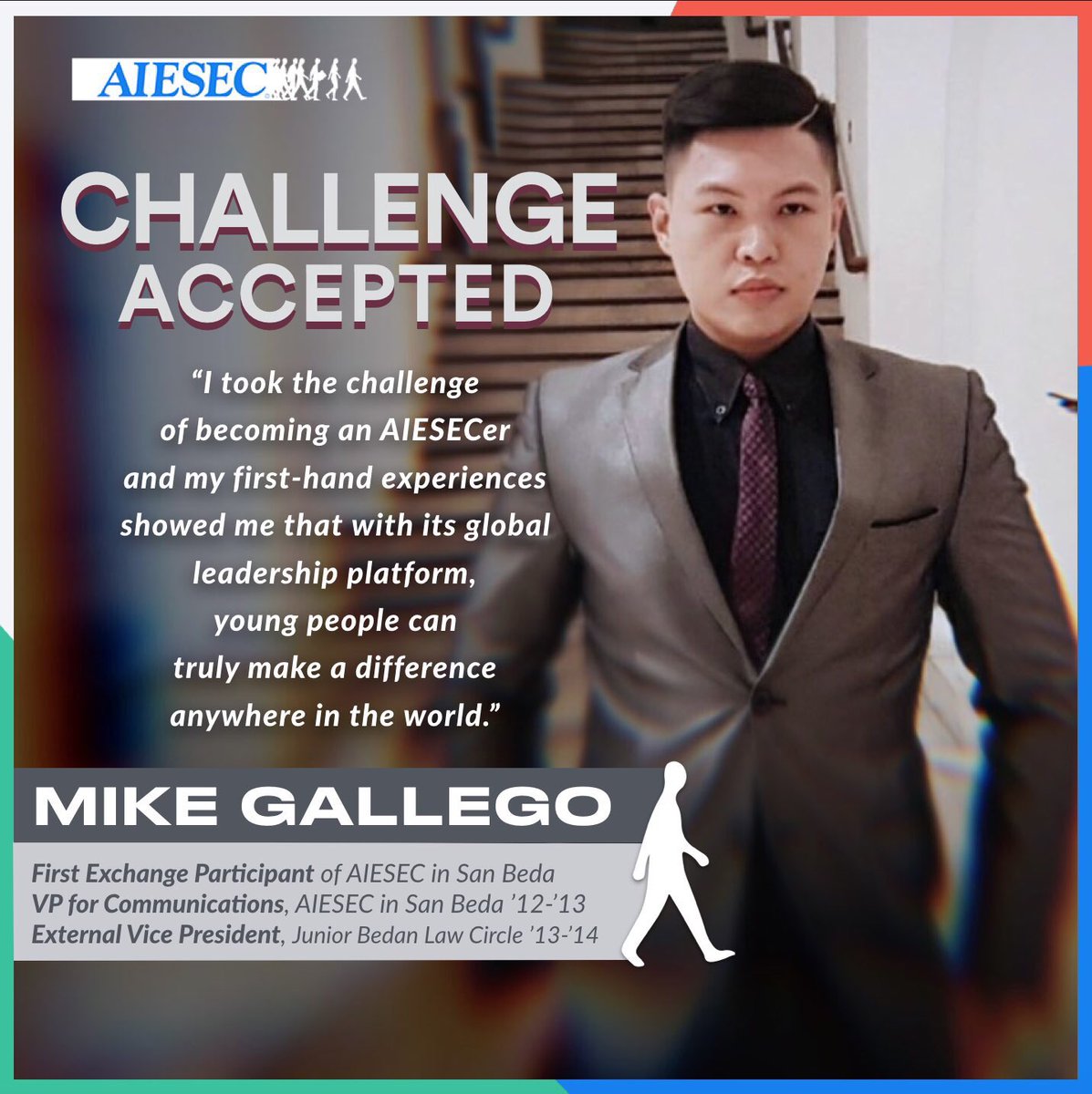 AIESECSBU's tweet photo. Mike was our first ever Exchange Participant back in 2013 and also our VP for Communications ‘12-‘13. With his AIESEC journey, he was able to make meaningful and positive impacts not just for the San Beda Community but also to the world. @mikeegallego 

#AIESEC
#AHerosJourney https://t.co/6Kkj75RqwS