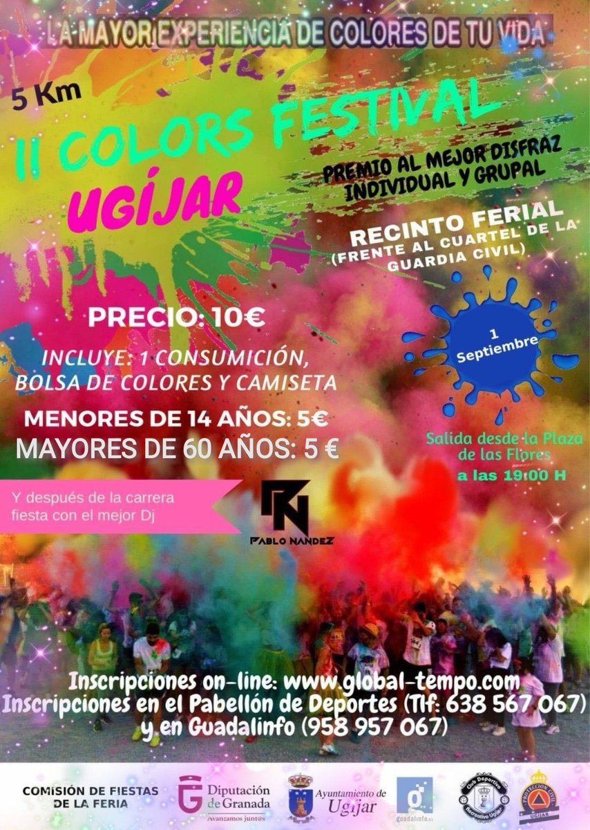 Ampliamos inscripción hasta el #viernes31 de la #IIColorsFestival de #Ugíjar 💙❤️💚💜🧡💛
La recaudación será destinada íntegramente a la financiación de la #FeriaYFiestasDeUgíjar2018. 
Precio 10€, menores 14 años y más de 60, 5€, En Ayto, Piscina, 638567067 o #Guadalinfo