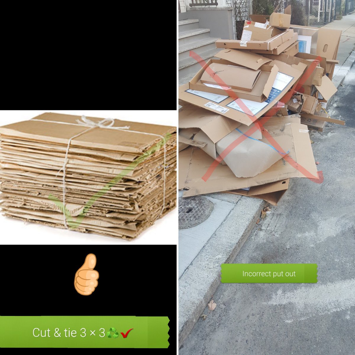 Boston Public Works on X: #PWDRecylingTip: When placing cardboard boxes  out curbside for ♻️ in @CityofBoston, please break them down to roughly 3  feet by 3 feet max & tie them up