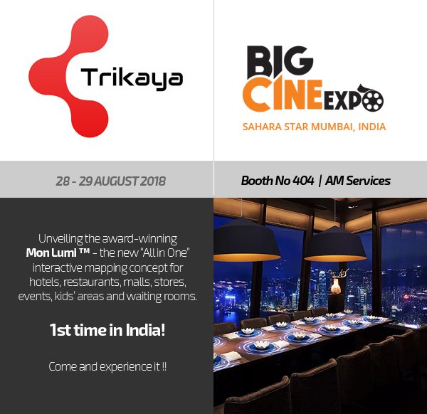 TrikayaEnterpr1's tweet photo. Unveiling the award-winning Mon Lumi ™ - the new “All in One” interactive mapping concept for hotels,restaurants,malls,stores,events,kids’ areas &waiting rooms - 1st time in India, at the #BigCineExpo 2018 !! Discover it at Booth No 404,AM Services!! Come and experience it !! https://t.co/ZPiogwr5oa