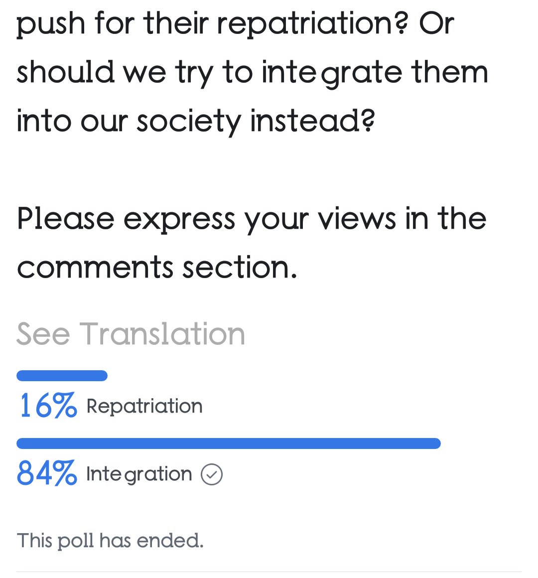 In 3 hours polling made by the Dhaka Tribune; the voters voted the Rohyngya shound be INTEGRATE with the Bengla society. 84% of the voters voted All the bengali should be in Bengaldeah. The Government of Benglardesh should be awared and right decision on this voting result.