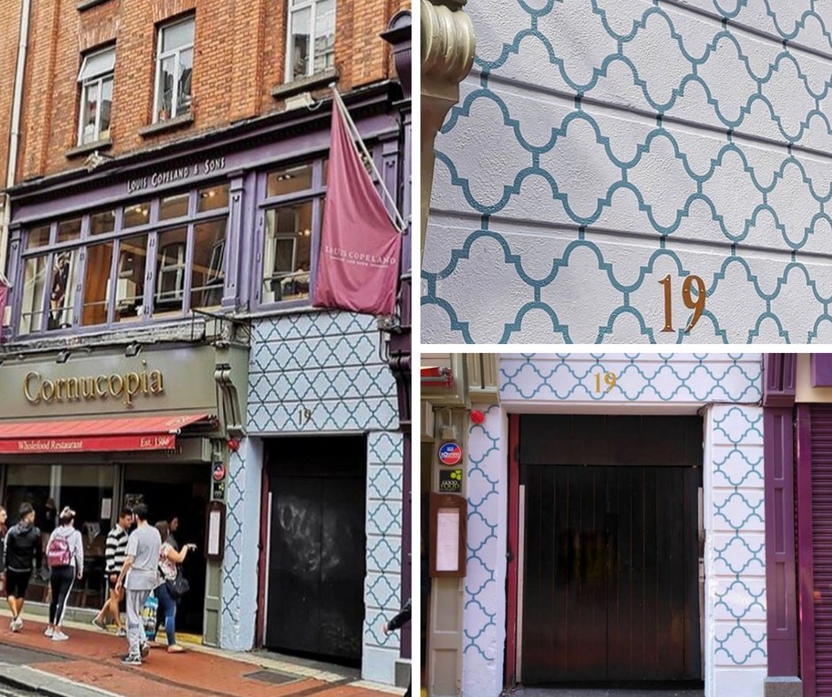 CornucopiaRest's tweet photo. No.19 Wicklow Street, Dublin 2.

This wonderful new pattern that you can see on our shared laneway entrance has been hand-painted by @ wondersandsigns 💙✨ Many thanks to Andrew for 

#dublinstreetart #handpainted #wallart #designdublin #wicklowstreet #cornucopiadublin #dublin https://t.co/UYT7m2IzZI