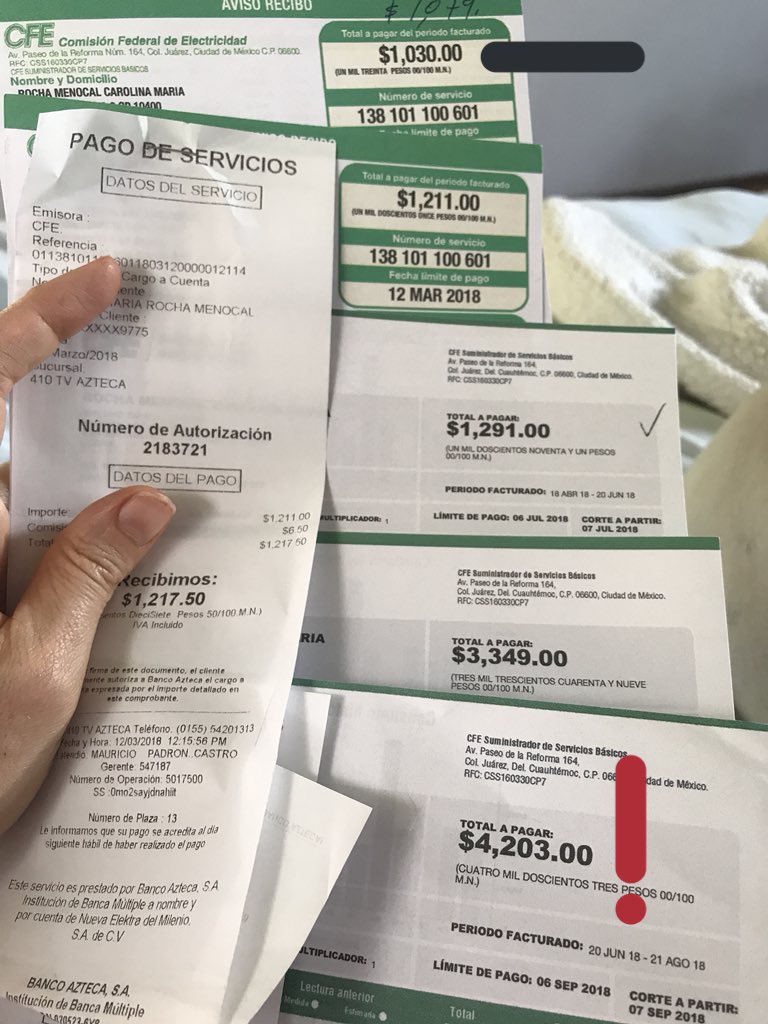 carolina_rocha_'s tweet photo. De 500 pesos a 4,200 pesos el aumento DEMENCIAL la luz @CFEmx Misma casa y gente.

Mi pago se disparó 400% tras la elección de julio 2018 y es 8 veces más cara respecto a 2017.

... Ah y cambió formato de cobro y es imposible entender que aumentó.
Hoy reclamo. Les cuento. https://t.co/CHRnn4pfVo