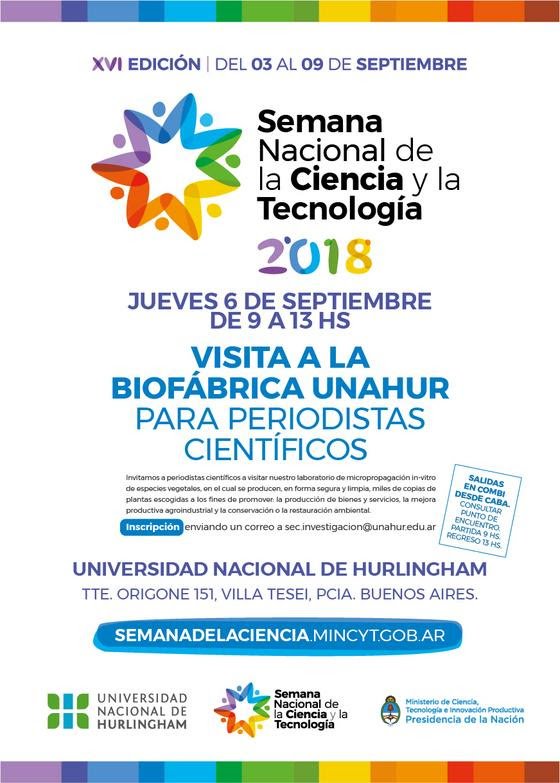 En el marco de la Semana Nacional de la Ciencia y Tecnología 2018 invitamos a periodistas y comunicadores/as a visitar nuestro laboratorio de micropropagación in-vitro de especies vegetales #BiofábricaUNAHUR 🧫🧪⚗️
Los esperamos el próximo 6/9 de  9 a 13hs
Traslados desde CABA