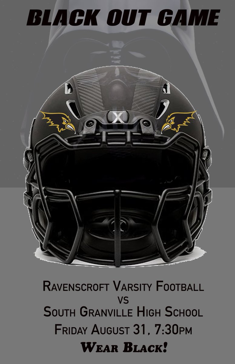RavenscroftNC's tweet photo. Come cheer on the Ravens football team this Friday night vs. South Granville High School. It's our annual black out game! Can't make the game? You can watch the live stream here! #GoRavens #RavensFootball18 https://t.co/97m3d5dGLy https://t.co/I9zDydfqeO