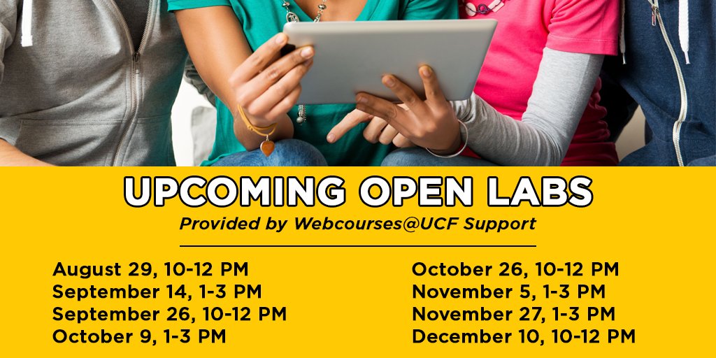 UCFDigitalLearn's tweet photo. Need help with Webcourses@UCF? Attend our open lab tomorrow and get one-on-one support from our @WebcoursesUCF Support team! Open labs are available to all UCF Faculty, Staff, &amp; GTAs. Learn more &amp; signup at: https://t.co/qvfEo1tKON. #Webcourses https://t.co/HYidEaE3oe