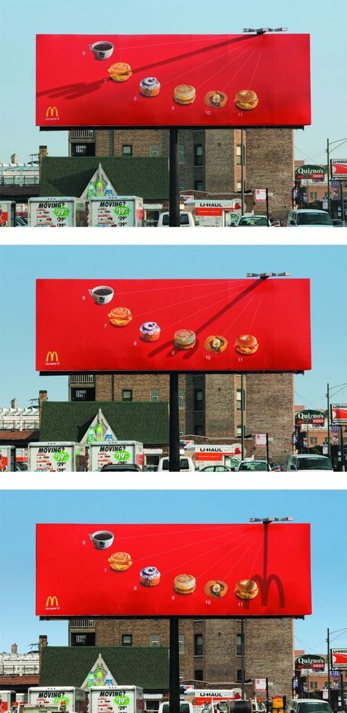 Toni_Newman's tweet photo. Great billboard from McDonald's uses a shadow to highlight certain menu choices for certain times of the day, telling customers exactly what McD’s wants them to think, feel and do next! How do you influence what your customers will think, feel and do next? #TouchpointTuesday https://t.co/pyOHSZz4Go