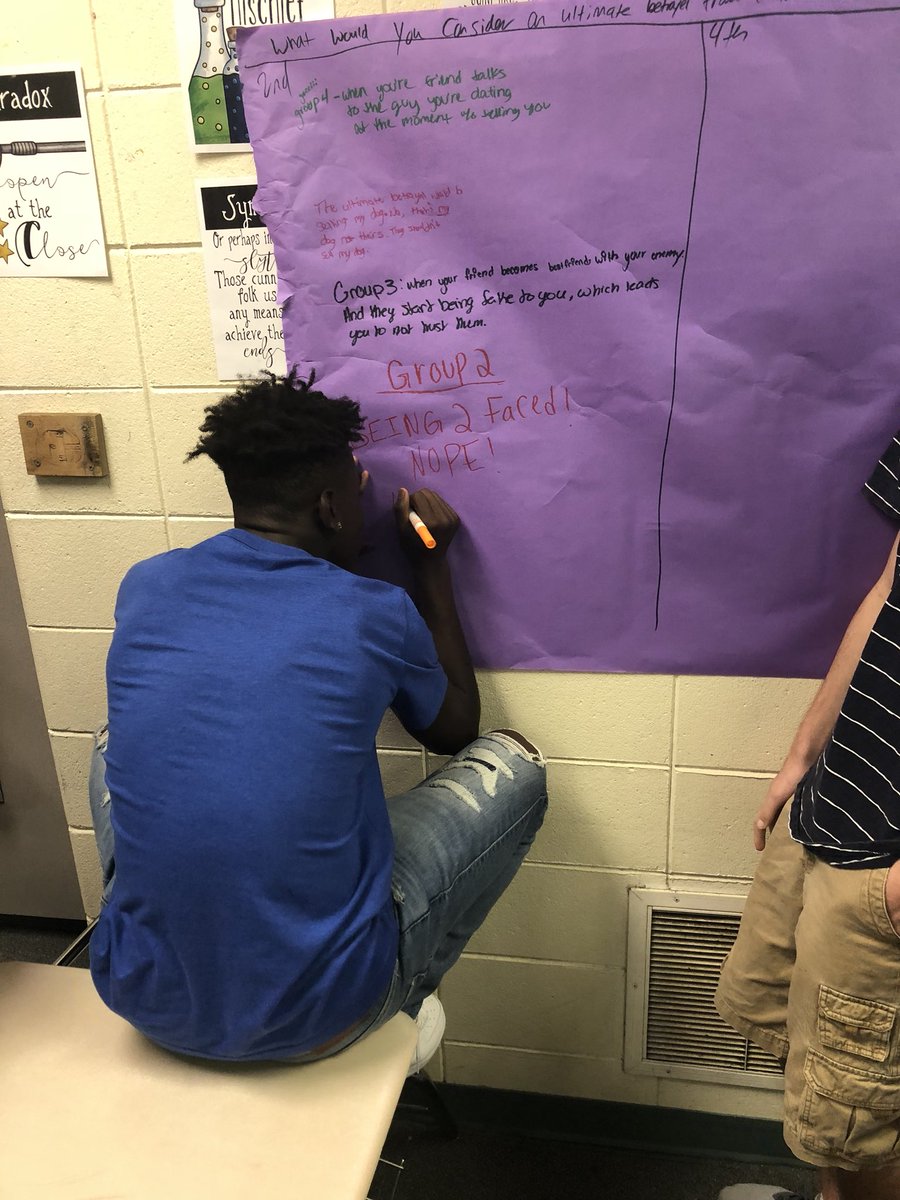 erinhturner's tweet image. @RichmondHill_HS @twcowart_rhhs has kids up and moving to discuss themes in Julius Caesar. #LND #activatingpriorknowledge #movement