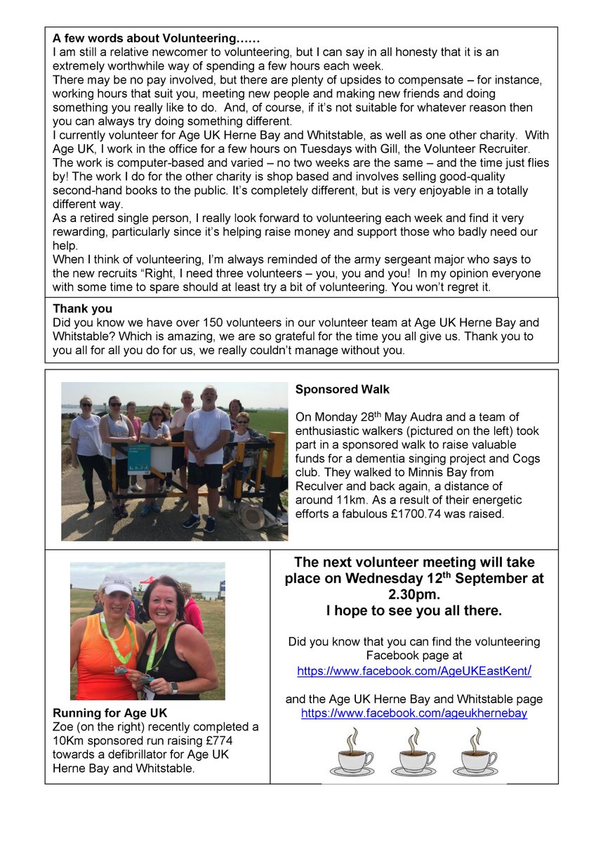 AgeUKEastKent's tweet photo. Age UK Herne and Whitstable Volunteer News, our newsletter for our volunteers. https://t.co/cLzZAmy8zF