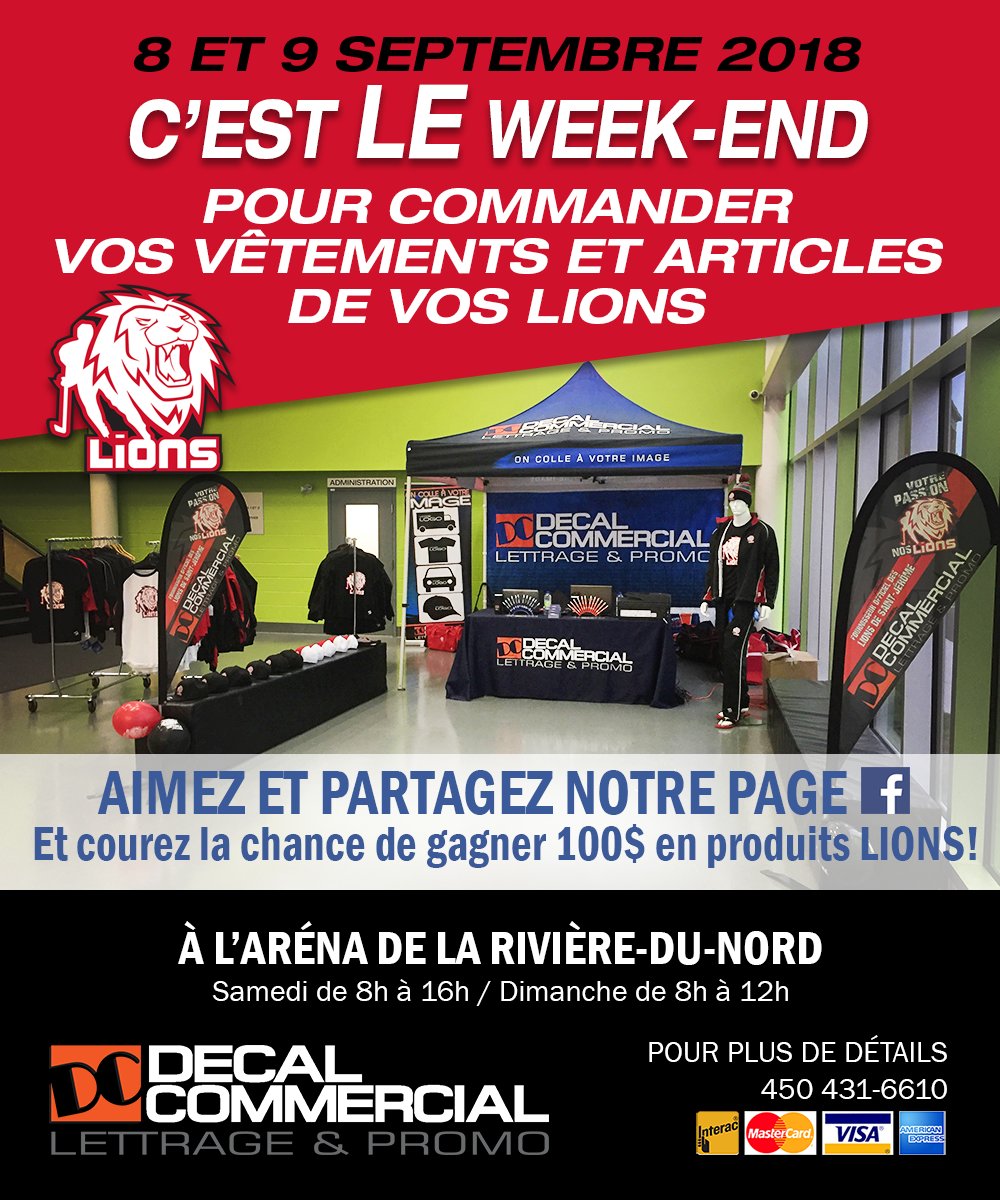DecalCommercial's tweet photo. PRÉPAREZ-VOUS ET VOS PETITS LIONS POUR UNE NOUVELLE SAISON!
Rendez-vous à l'aréna Rivière-du-Nord les 8-9 septembre pour choisir vos vêtements et articles des LIONS.  Pour plus d’information, cliquez ici:  https://t.co/lYMMdadNti https://t.co/0DopmSp2K5