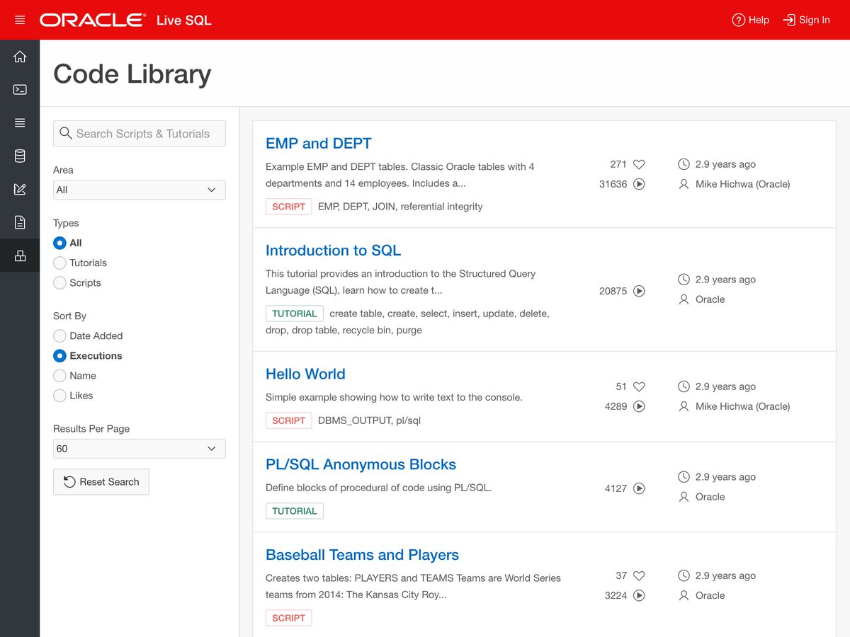 OracleLiveSQL's tweet image. @OracleLiveSQL is now running #orclapex 18.1 + the latest version of Universal Theme!

We&apos;ve also streamlined the #UX making it far simpler to use! 

Get free and instant access to @OracleDatabase 18c and over 800+ scripts and tutorials!

livesql.oracle.com

#SQL #Database